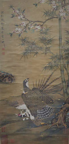 A CHINESE FLOWER&BIRD PAINTING SILK SCROLL ZHAO JI MARK