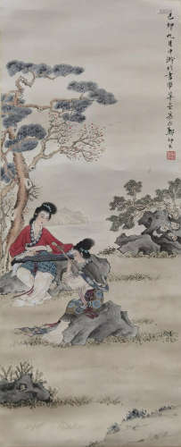 A CHINESE LADY FIGURE PAINTING SCROLL ZHENG MUKANG MARK