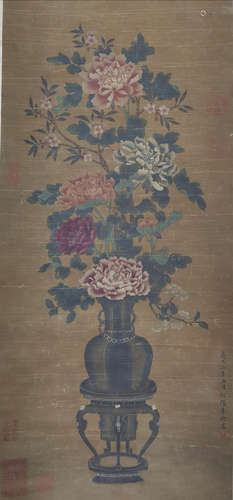 A CHINESE FLOWERS PAINTING SILK SCROLL LI DI MARK