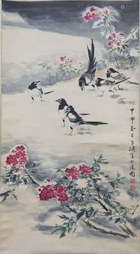 A CHINESE FLOWER&BIRD PAINTING SCROLL WANG XUETAO MARK