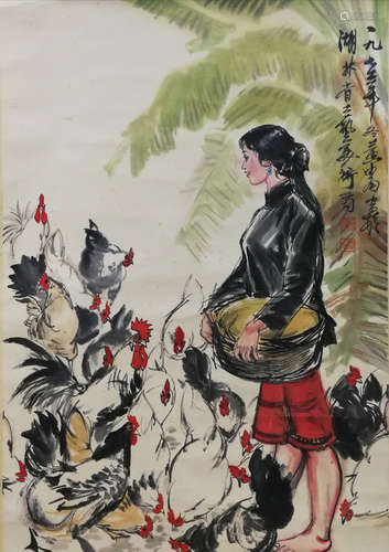 A CHINESE FIGURE&ROOSTER PAINTING SCROLL HUANG ZHOU MARK