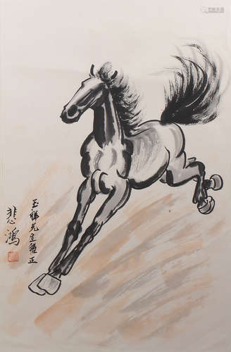 A CHINESE RUNNING HORSE PAINTING WITH A FRAME XU BEIHONG MARK