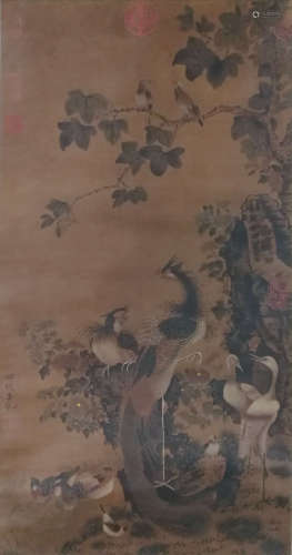 A CHINESE FLOWER&BIRD PAINTING SILK SCROLL LV JI MARK