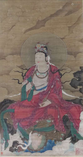 A CHINESE BUDDHA PAINTING SILK SCROLL DING GUANPENG MARK