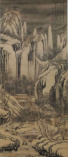 A CHINESE LANDSCAPE PAINTING SILK SCROLL WANG HUI MARK