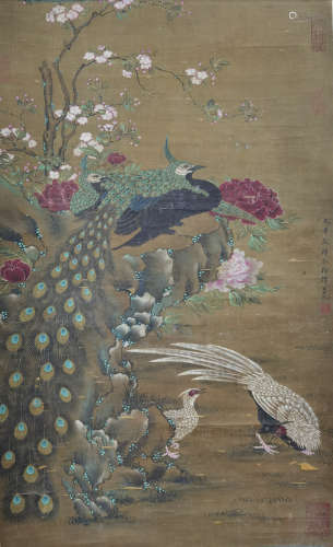 A CHINESE FLOWER&BIRD PAINTING SILK SCROLL LV JI MARK