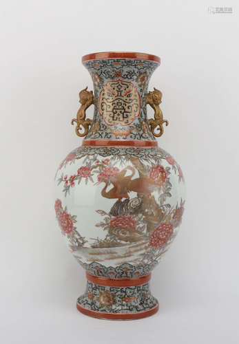 A FAMILLE ROSE IRON RED GILT-INLAID FLOWER&BIRD PATTERN PORCELAIN BEAST EARS VASE