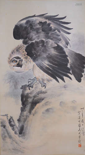 A CHINESE EAGLE PAINTING SCROLL XU BEIHONG MARK