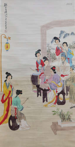 A CHINESE FIGURES PAINTING SCROLL ZHANG DAQIAN MARK