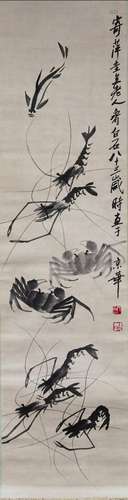 A CHINESE SHRIMP&CRAB PAINTING SCROLL QI BAISHI MARK