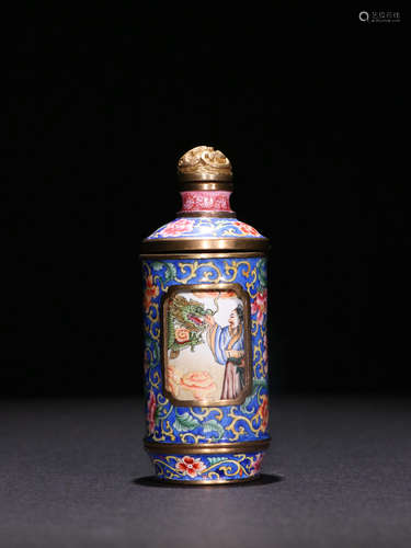 A BRONZE ENAMEL FLORAL FIGURE SNUFF BOTTLE