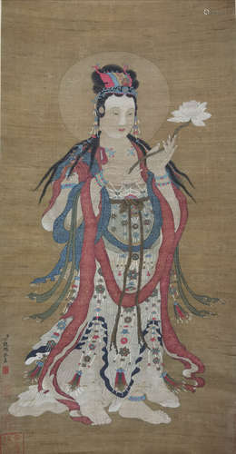 A CHINESE BUDDHA PAINTING SILK SCROLL DING GUANPENG MARK