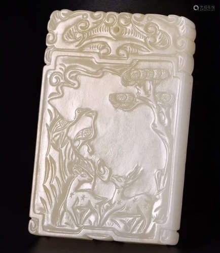 HETIAN JADE TABLET CARVED WITH DEER&CRANE