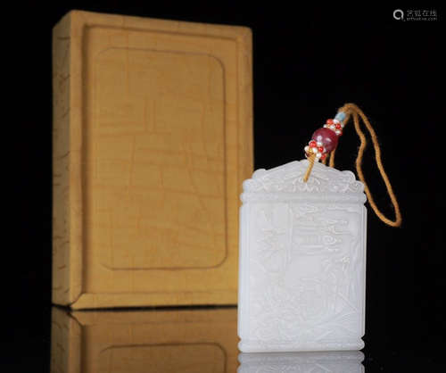 HETIAN WHITE JADE TABLET CARVED WITH STORY