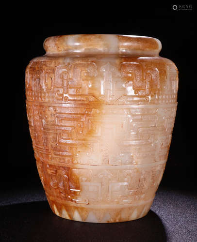 ANTIQUE JADE JAR CARVED WITH BEAST PATTERN