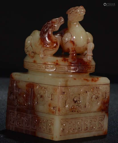 ANTIQUE JADE SEAL CARVED WITH DEER