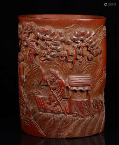 BAMBOO BRUSH POT CARVED WITH STORY