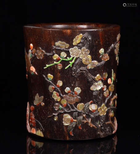 ZITAN WOOD BRUSH POT EMBEDDED WITH GEM