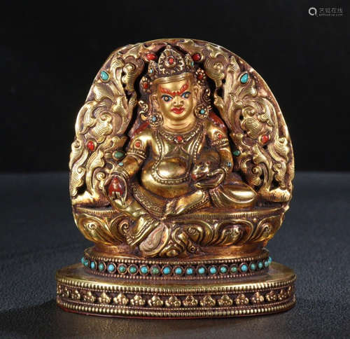 GILT BRONZE CAISHEN STATUE EMBEDDED WITH GEM