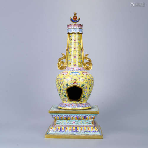 A Yellow Ground Gilt Bronze Enamel Stupa, Qianlong Mark