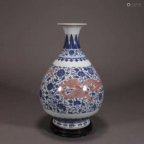 A BLUE AND WHITE FLOWER UNDERGLAZE RED DRAGON PORCELAIN YUHUCHUN VASE