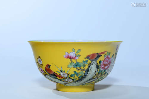 A YELLOW GLAZED BIRD AND FLOWER PORCELAIN BOWL