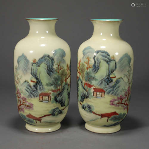 A PAIR OF FAMILLE ROSE LANDSCAPE AND FIGURE PORCELAIN VASES