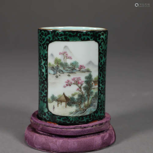 A FAMILLE ROSE LANDSCAPE AND FIGURE PORCELAIN BRUSH POT