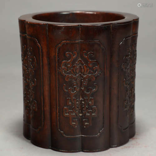 A RED SANDALWOOD FLOWER CARVED BRUSH POT