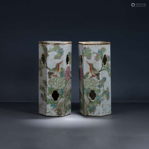 A Pair of Light Colored Bird and Flower Porcelain Hat Stands