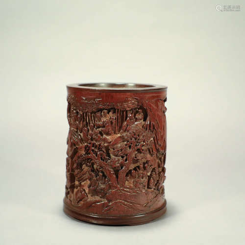 A BAMBOO CARVED FIGURE BRUSH POT