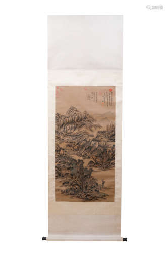 A CHINESE LANDSCAPE HANGING SCROLL PAINTING WANGYUANQI MARK