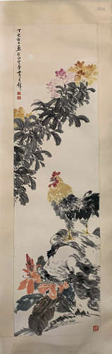 A CHINESE ROOSTER HANGING SCROLL PAINTING HUANG JUNBI MARK