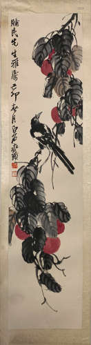 A CHINESE BIRD HANGING SCROLL PAINTING QI BAISHI MARK