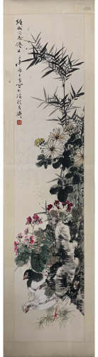 A CHINESE FLOWER HANGING SCROLL PAINTING WANG XUETAO MARK