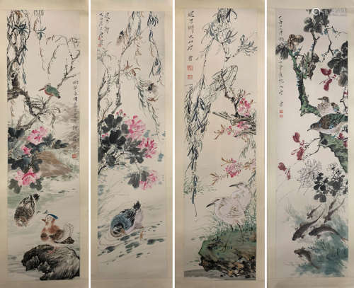 A SET OF FOUR PIECES FLOWER&BIRD HANGING SCROLL PAINTING TANG YUN MARK