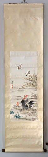 A CHINESE ROOSTER HANGING SCROLL PAINTING WANG XUETAO MARK