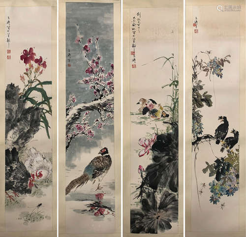 A SET OF FOUR PIECES FLOWER&BIRD HANGING SCROLL PAINTING WANG XUETAO MARK