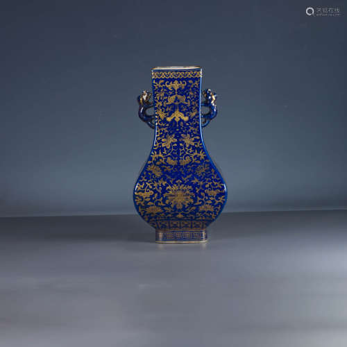 A Blue Glazed Gilt Squared Vase, Qianfeng mark