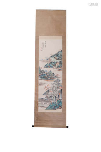 A CHINESE LANDSCAPE HANGING SCROLL PAINTING WU HUFAN MARK
