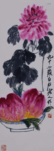 A CHINESE FLOWER-AND-PLANT HANGING SCROLL PAINTING QI BAISHI MARK