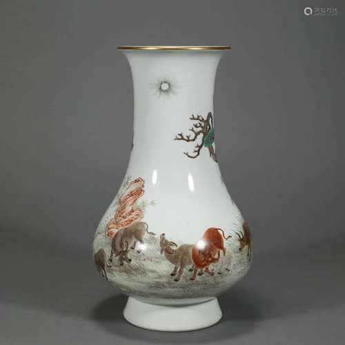 A FAMILLE ROSE FIVE CATTLE PORCELAIN ZUN VASE