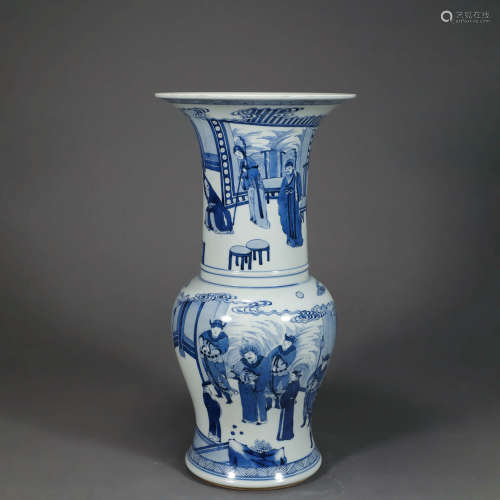 A CHINESE BLUE AND WHITE FIGURE BEAKER VASE