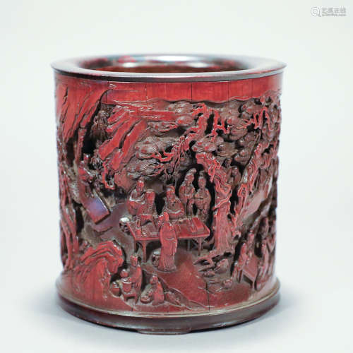 A BAMBOO CARVED FIGURE BRUSH POT