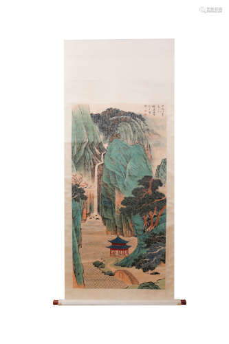 A CHINESE LANDSCAPE HANGING SCROLL PAINTING HE HAIXIA MARK
