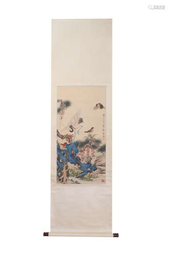 A CHINESE FLOWER&BIRDS HANGING SCROLL PAINTING JIANG HANTING MARK