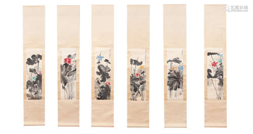 A CHINESE LOTUS SIX PIECES HANGING SCROLL PAINTING ZHANG DAQIAN MARK