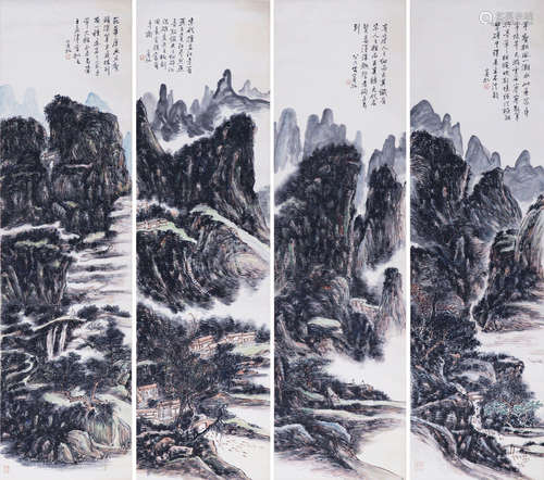 4 CHINESE LANDSCAPE HANGING SCROLL PAINTINGS HUANG BINHONG MARK