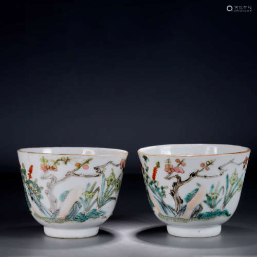 A Pair of Famille Rose Bird and Flower Porcelain Cups