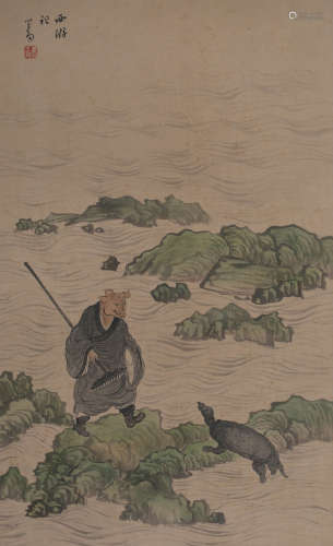A Chinese Figure Silk Scroll, Puru Mark